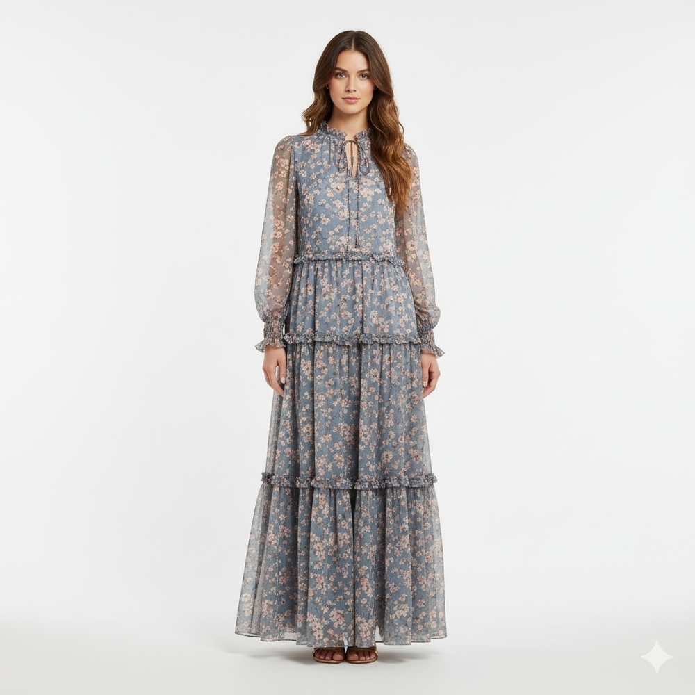 Noralee Mirabelle Floral Tiered Maxi Dress Blue Meadow M Cottagecore Ruffle